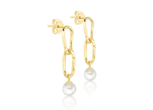 9ct Yellow Gold Double Link Freshwater Pearl Drop Earrings