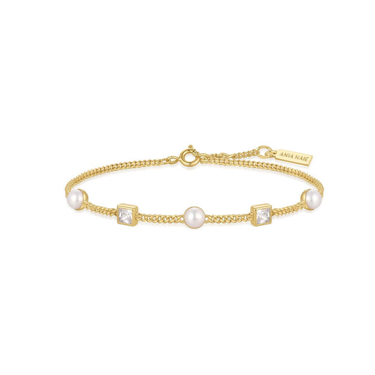 Ania Haie Gold Bezel-Set Cube and Pearl Station Bracelet