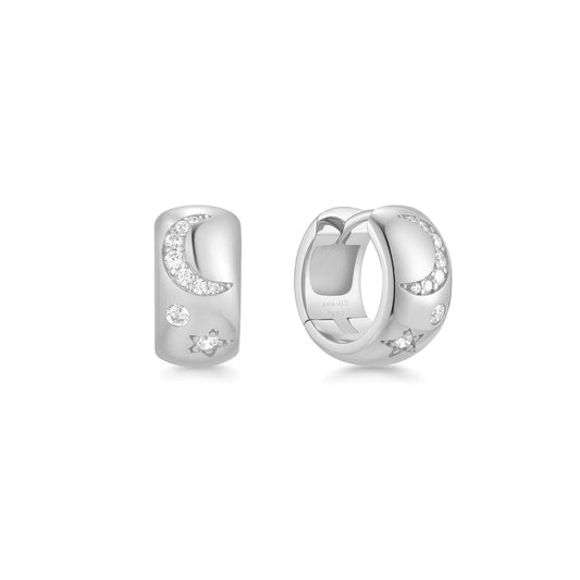 Silver Celestial Chunky Huggie Hoop Earrings